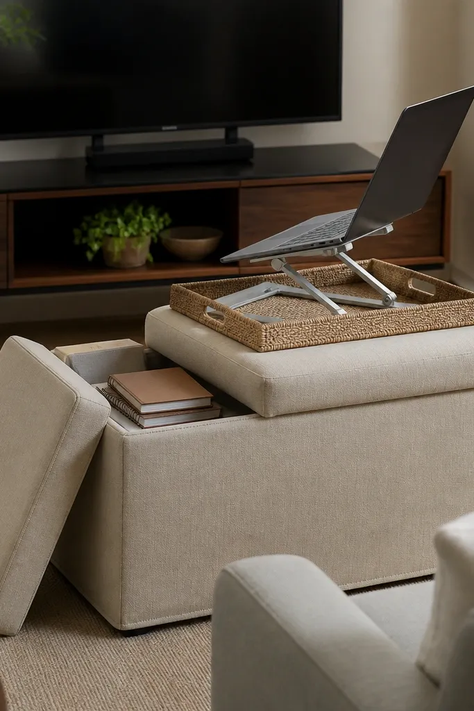 A living room with a beige linen slipcovered ottoman in front of a low media console, with a tray on top holding a laptop stand. A stack of notebooks sits inside the ottoman lid, and a small green plant sits on the console shelf.