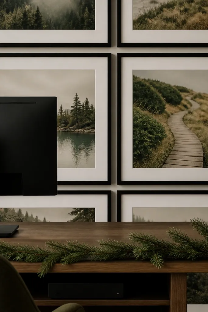 A wall of matching black frames arranged in a grid. Behind a monitor on a desk, two frames are directly visible, both featuring muted greens and warm neutrals. A small evergreen garland sits on the desk edge, and a matte black cable box is tucked under the desk.