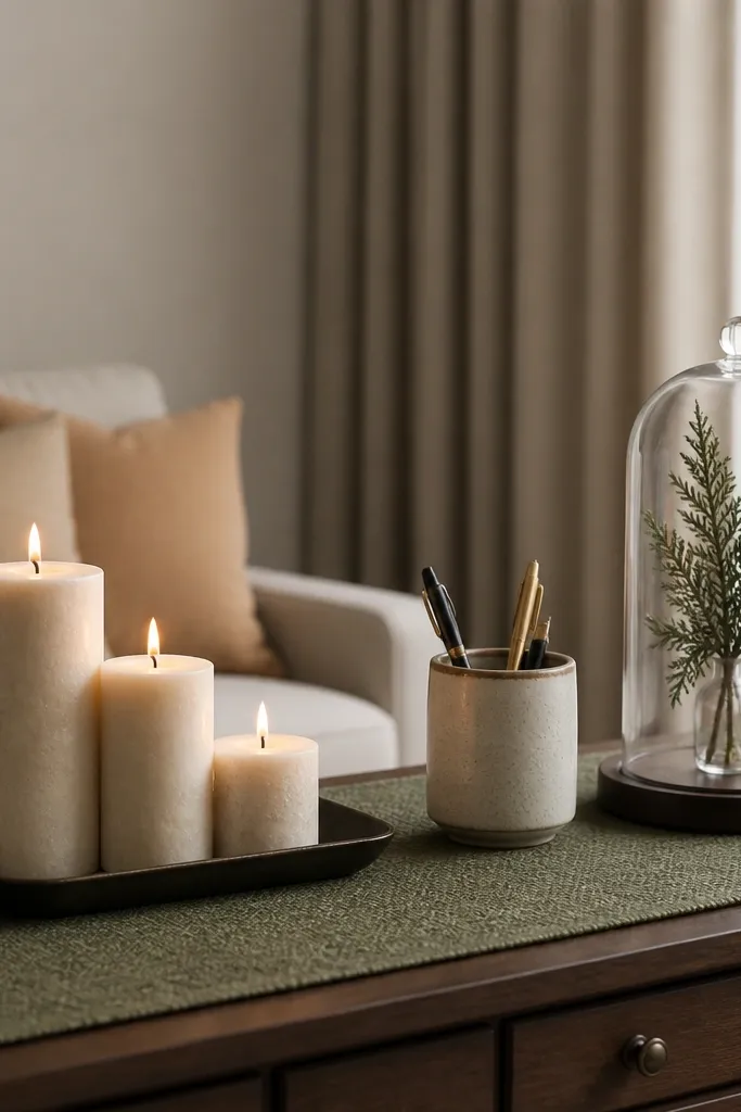 A desk surface with a textured green runner, three candles in different heights on a tray, a ceramic pen holder, and a small evergreen branch in a glass cloche. The background shows neutral curtains and a couch with tan throw pillows.