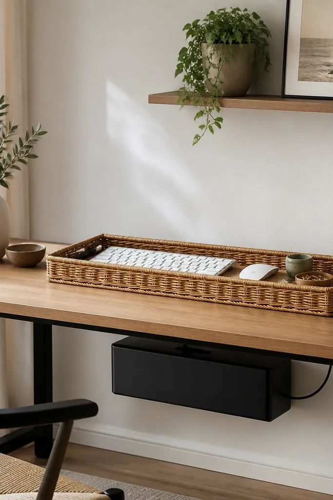 A wicker rattan tray on a desk holding a keyboard, mouse, and small accessories. Under the desk, a matte black cable management box hides power strips. On the wall, a small shelf holds a green plant and a framed print.