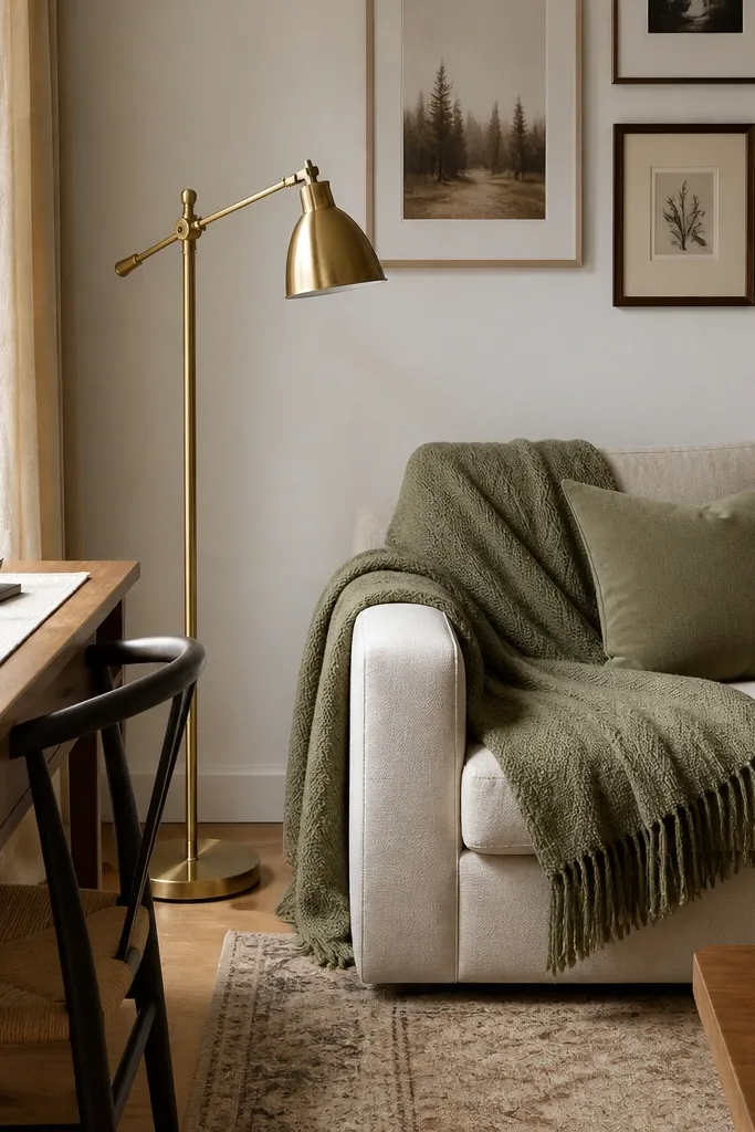 A living room sofa with a fixed brass floor lamp near a small desk. The desk has a constant linen mat and a small evergreen plant. The throw on the sofa changes color seasonally, and there's a matching pillow in the same palette as the throw.
