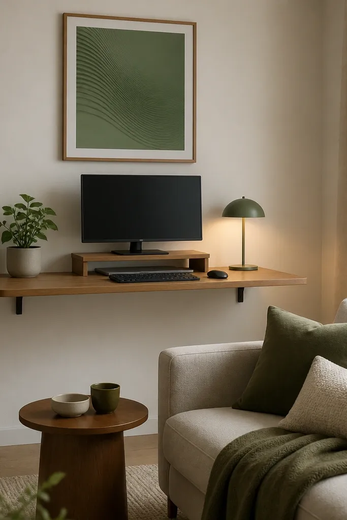 A wall-mounted shelf used as a desk, with a slim monitor stand and a small lamp. Below, a sofa and side table keep the living room comfortable. A green framed print sits above the shelf, and a small plant is on the shelf corner.