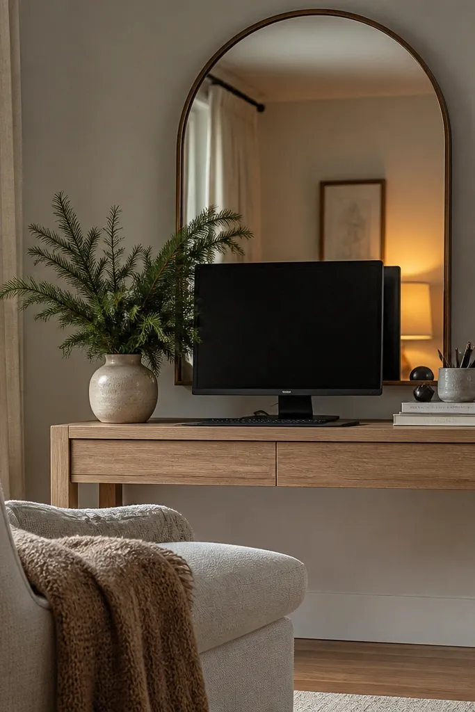 A light oak sofa table behind a living room chair with a monitor on top. A large arched mirror hangs on the wall behind the monitor, reflecting warm lamp light. Evergreen stems sit in a vase, and the desk has a stack of books and a ceramic organizer.