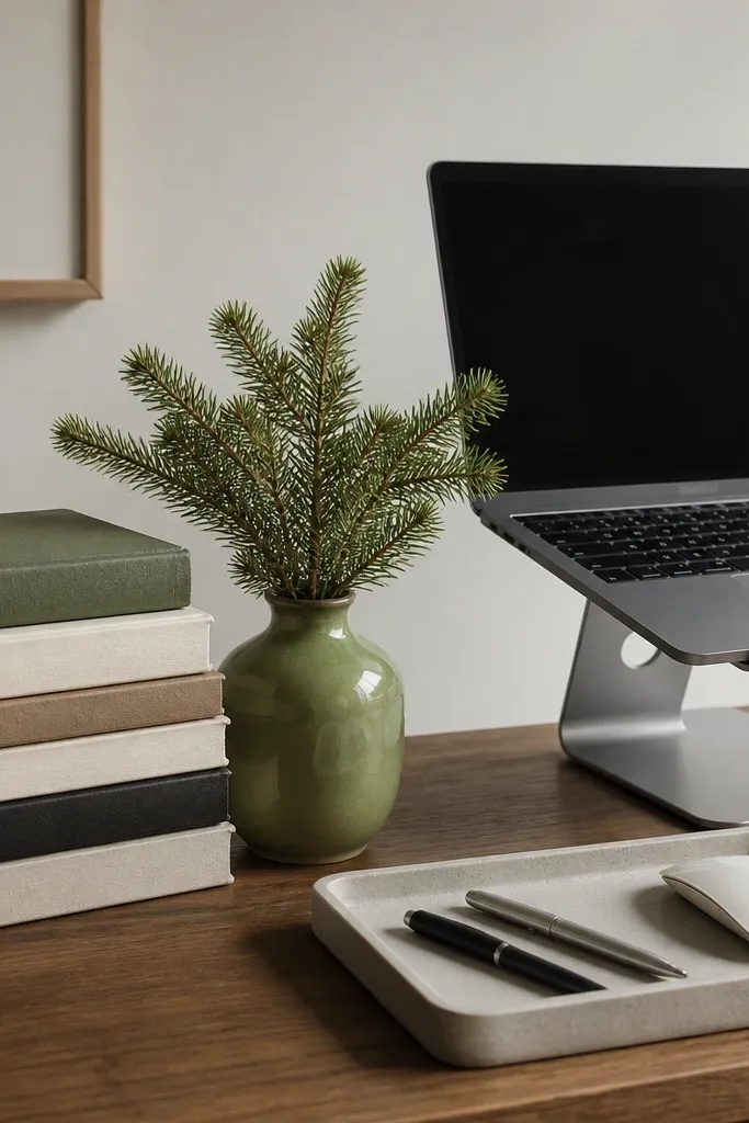 A desk surface styled with a vertical stack of books, where the top book has a muted green spine. A laptop sits on a stand, and a small green ceramic vase holds a faux evergreen sprig. A tray holds pens and a mouse.
