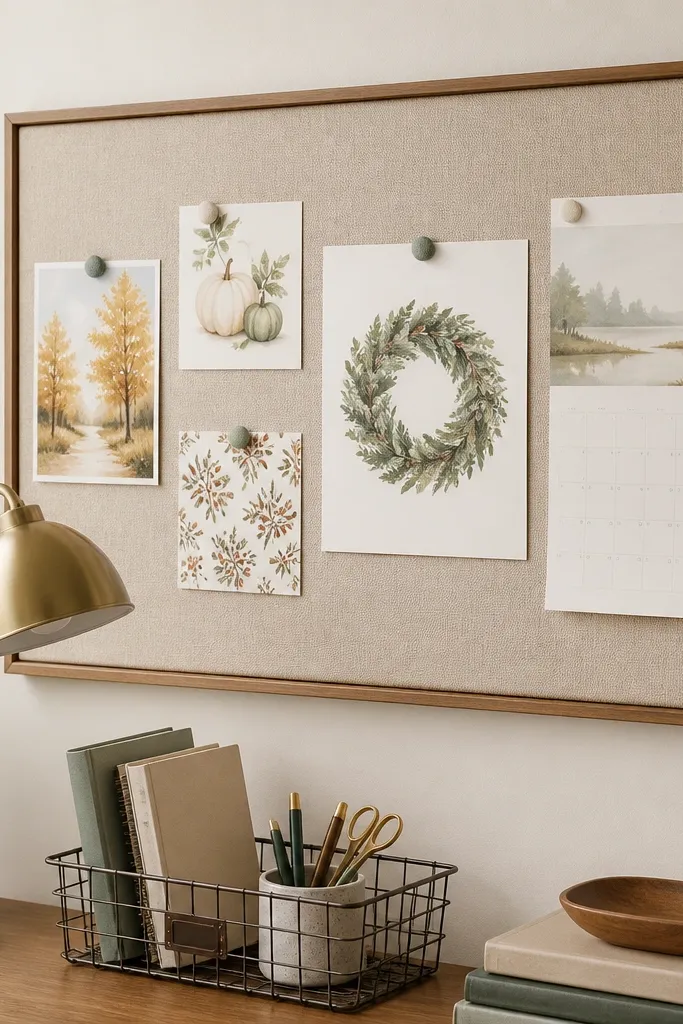 A felt pin board mounted above or beside a desk. It has a few fabric push pins holding seasonal cards, a small green wreath illustration print, and a monthly calendar. A desk lamp and a tidy wire organizer sit below.