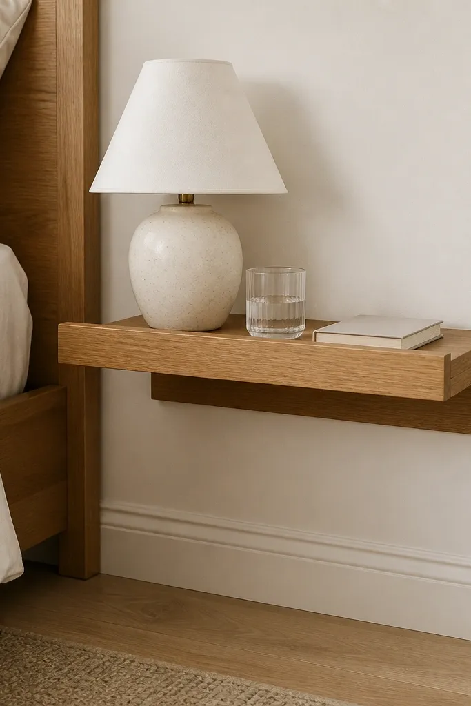 A warm oak shelf-style side table mounted on the wall beside a bed, with a small lip on the front edge. A white ceramic lamp sits on top; a slim book and a glass of water are neatly placed. The floor is light wood and the wall is off-white.