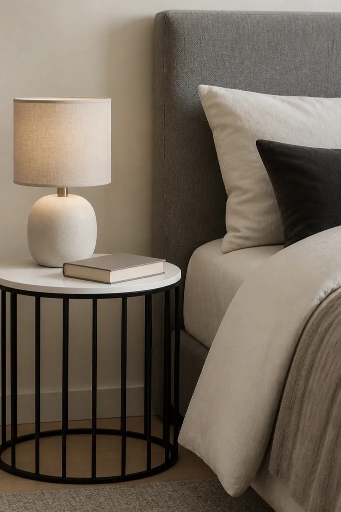 A compact side table with a matte black metal cage frame and a smooth white top. On top sits a small table lamp with a linen shade, plus a closed book. The bed has a gray upholstered headboard.