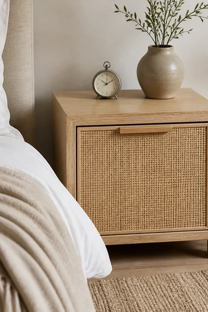 A square nightstand with a woven rattan drawer front and a light wood frame. The top is pale oak. A beige throw blanket is on the bed, and a small alarm clock sits near the back edge.