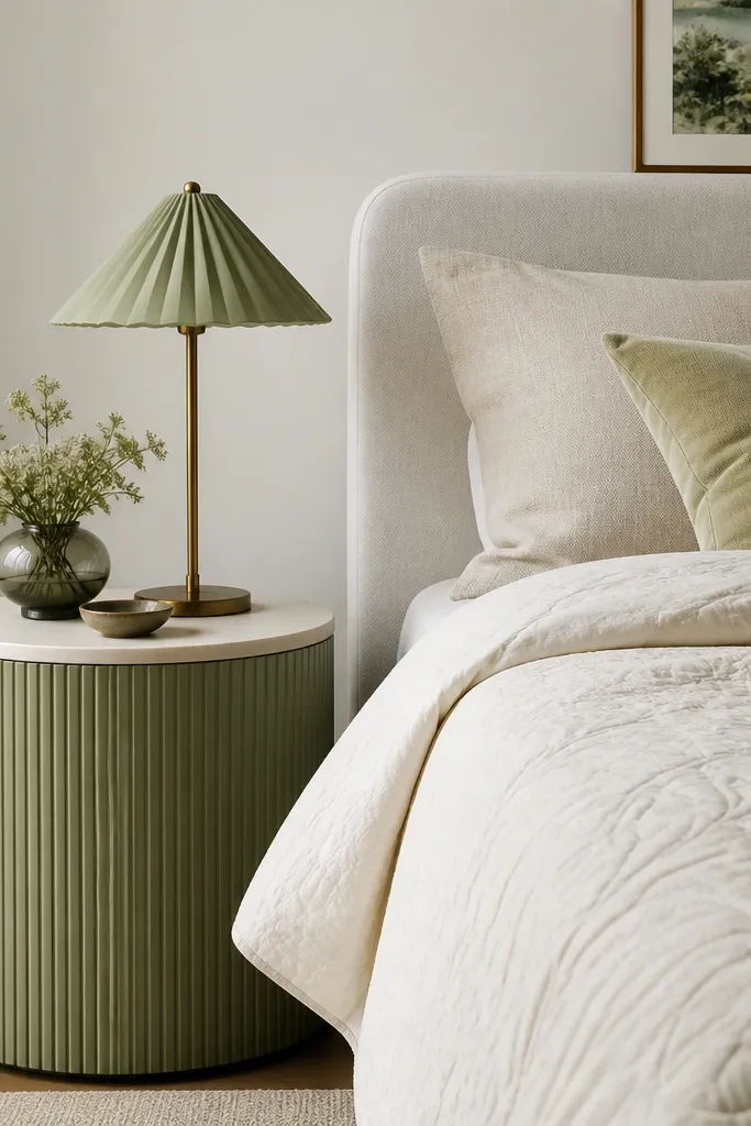 A small drum-shaped side table with a sage-colored body and a cream-colored top. A small lamp with a soft green shade sits on it. The bedspread is cream with a subtle pattern.