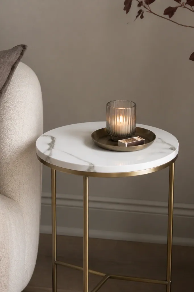 A slim side table with a white marble-look top veined in gray and thin brass legs. A small tray holds a candle and matches. The wall behind is taupe.