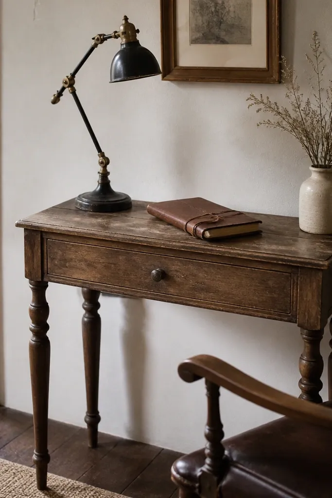 A narrow vintage writing table with a slightly distressed wood finish and turned legs. A small task lamp with a black shade is on top, and a leather-bound journal sits beside it.