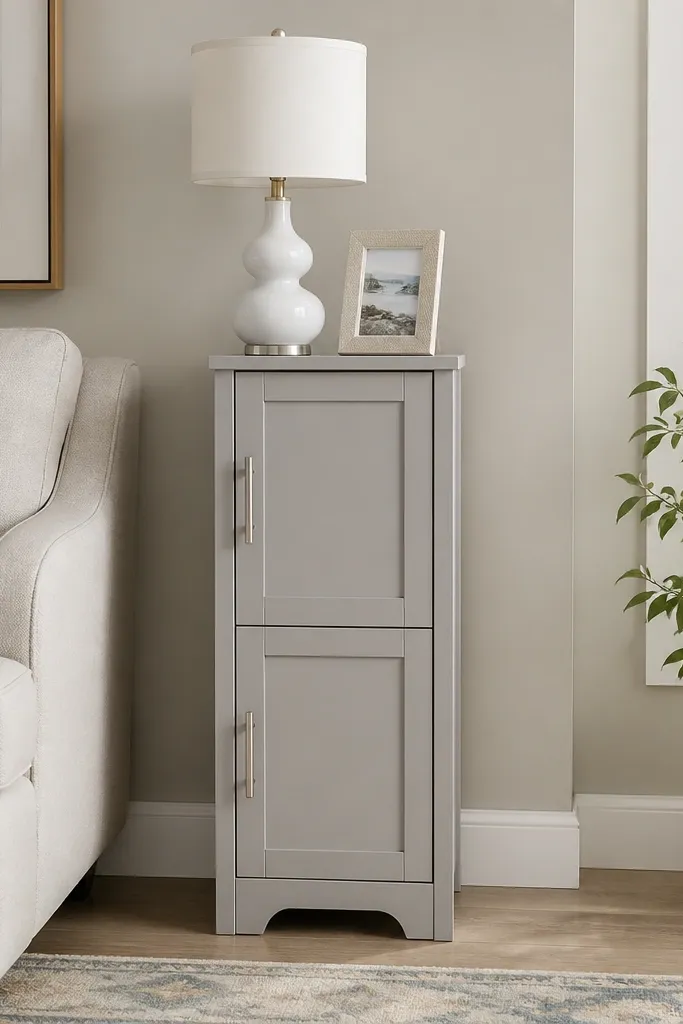 A tall, narrow cabinet-style side table with two doors and brushed metal handles. The cabinet is light gray, and the top holds a white lamp and a small framed photo.