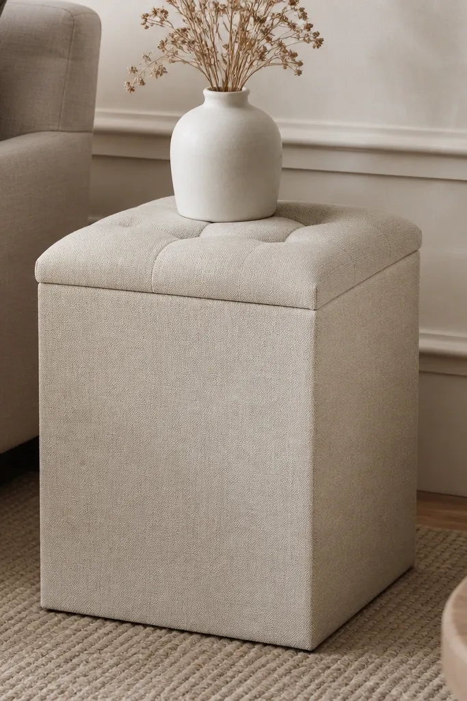 A small upholstered side table wrapped in light beige linen with a tufted top. The front has a subtle seam line and it opens to reveal storage. A pale ceramic vase with a dried plant sits on top.