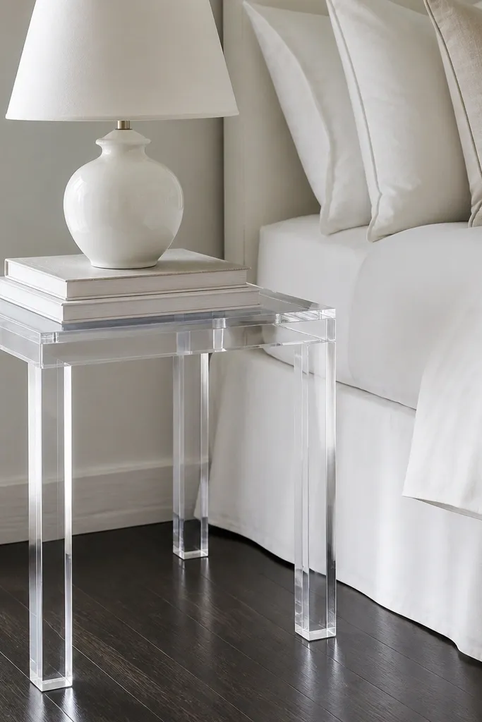 A transparent acrylic side table with a square top and clear supports. A small white lamp and a stack of books sit neatly on top. The bed skirt is white, and the floor is dark wood.