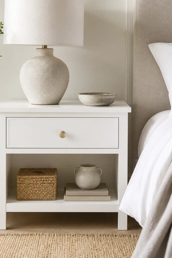 A simple white wood side table with a single wide drawer and a round knob. The top has a small table lamp and a ceramic dish. The bed has a white duvet and a soft gray throw.