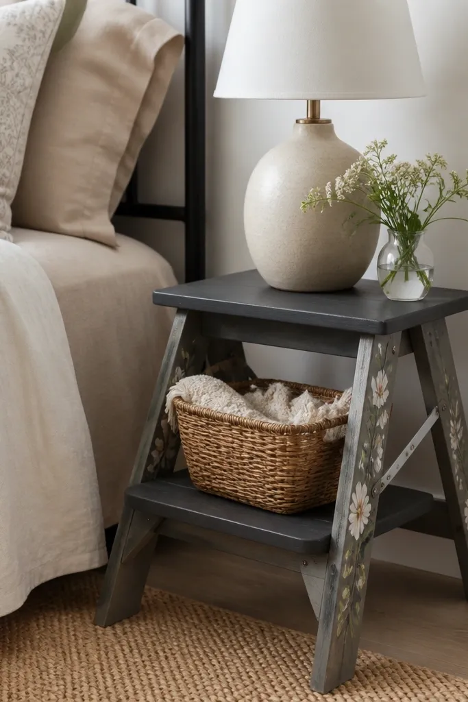 A decorative folding step stool repurposed as a bedside table, with the top painted a muted charcoal. A lamp sits on the top step, and a small basket is tucked underneath.