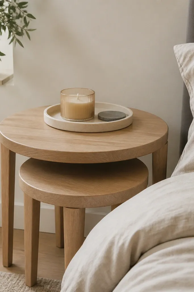 Two round nesting side tables in a light wood finish. The larger one is next to the bed with a small tray on top holding a candle and a coaster. The smaller one is tucked partially underneath.