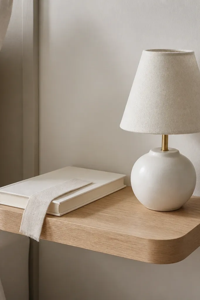 A narrow floating side table mounted to a light wall, finished in pale oak or white oak. A small white ceramic lamp sits near the outer edge, and a single off-white book and linen bookmark rest beside it.