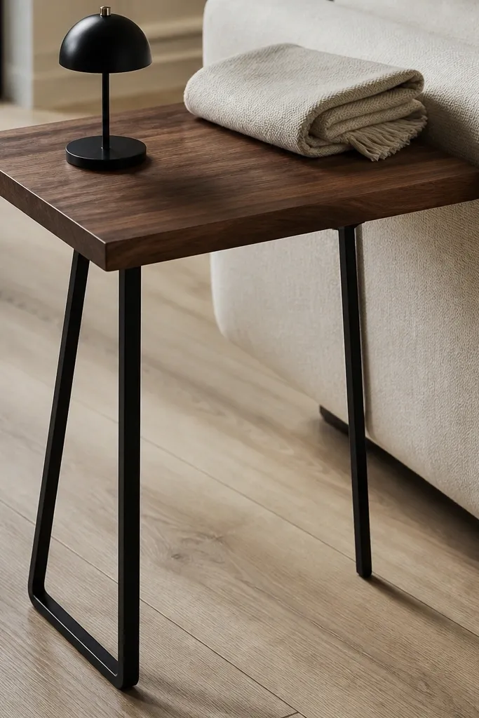 A modern side table with a walnut rectangular top and two thin black metal legs. The floor is visible underneath, with a small black lamp and a folded neutral throw placed on the far side.