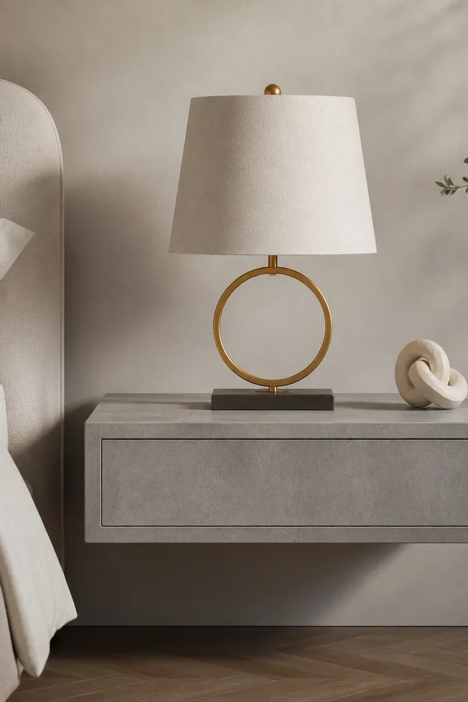 A floating side table with a gray concrete-look finish. A lamp with a brass ring detail and a light linen shade sits centered, with one sculptural object on the opposite corner.