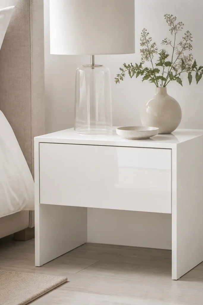 A minimalist white side table with a single drawer and a handle-free push opening. The drawer front is glossy, and the lamp base is also white or clear glass.