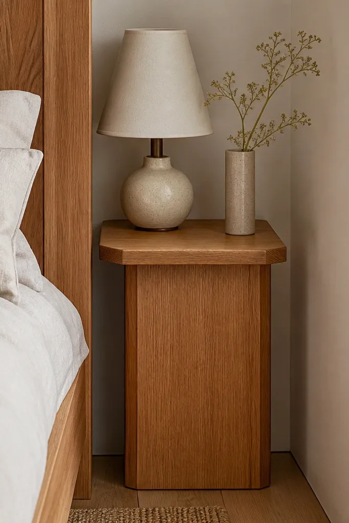 A corner-friendly side table with a compact rectangular top and chamfered edges in warm oak. It sits between the bed frame and a wall, with a small lamp and a slim vase.