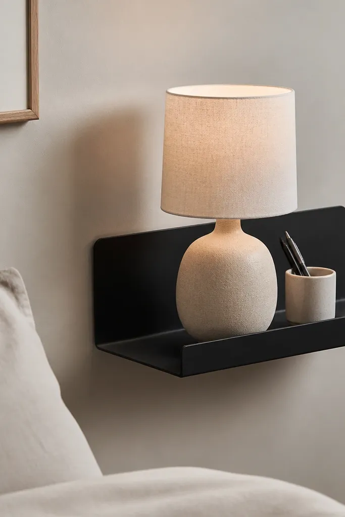 A matte black shelf-like side table mounted to the wall, with a small open ledge. A linen-shaded lamp sits on the ledge, and a neutral ceramic cup holds a couple of pens.