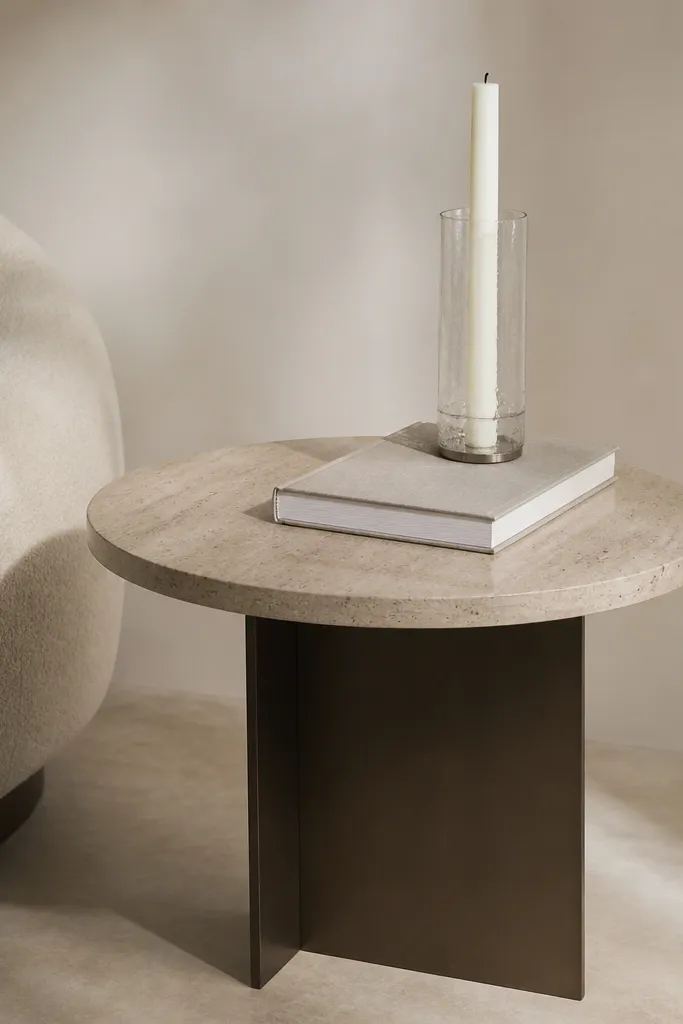 A round side table with a stone-look top and minimal base. A tall white candle in a glass holder stands near the table edge, with a single book stacked underneath.