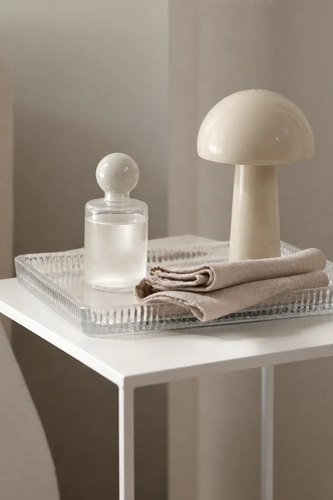 A slim white metal side table with a flat top. A clear glass tray sits on it with a small bottle, a compact lamp, and a folded linen cloth.