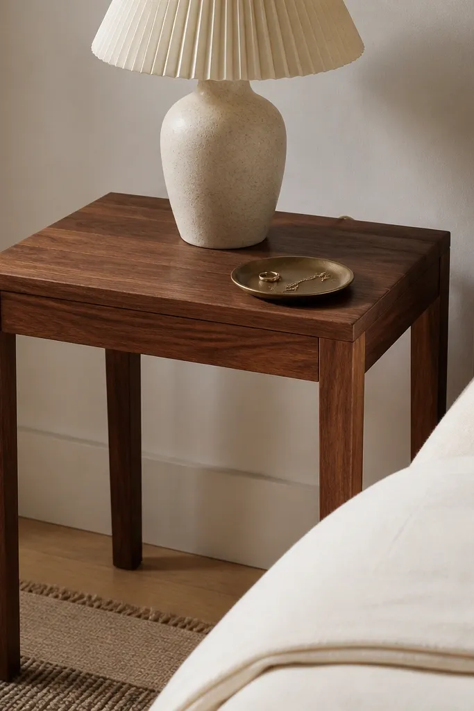 A walnut side table with a neat notch or channel on the back edge. The lamp cord disappears behind the table, and a small tray sits near the front edge.
