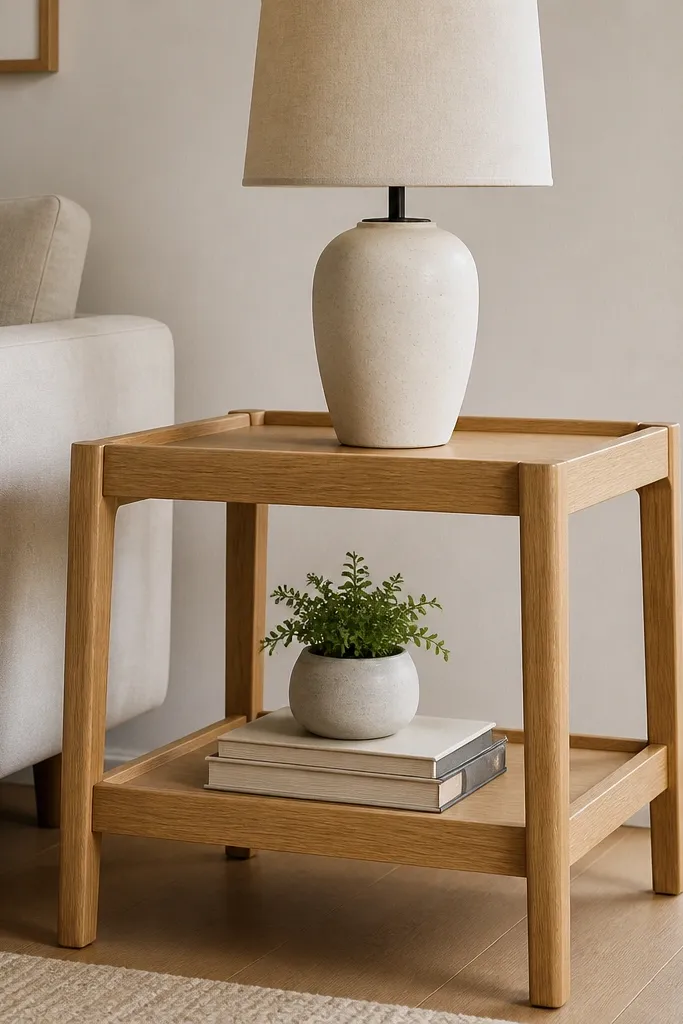 A modern two-tier side table in light oak with a top surface and a lower shelf. The top holds a lamp, and the bottom shelf holds two stacked books and a small plant pot.