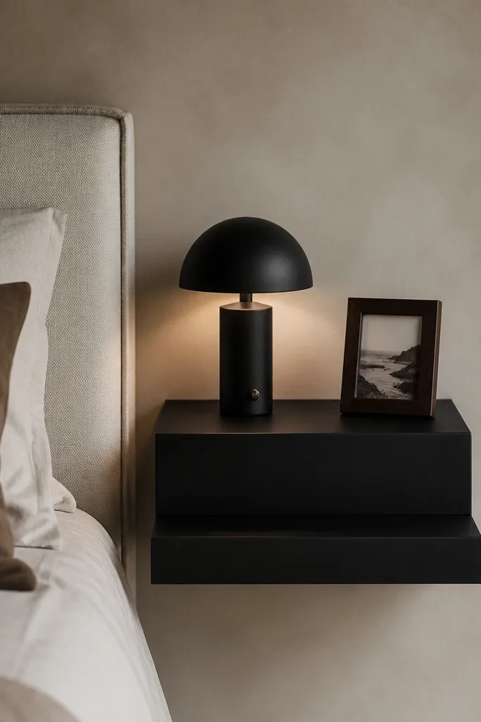 A matte black side table shaped like a shallow step. It's mounted or supported so there are no visible bulky legs. A compact lamp sits on top and a small framed photo stands next to it.
