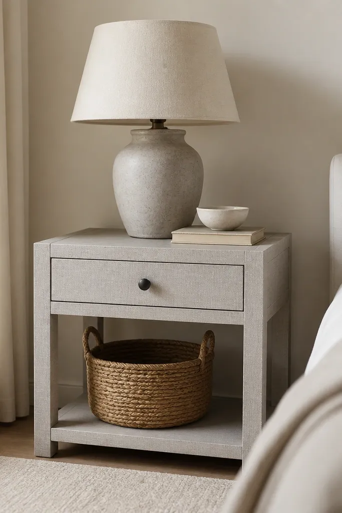 A light gray textured side table with a small drawer. A woven basket sits on the floor or shelf area, and a lamp with a soft fabric shade sits on top.
