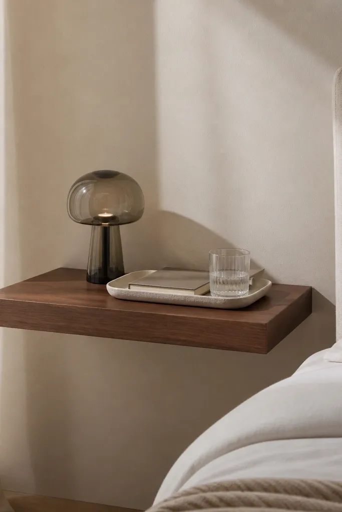 A floating walnut shelf mounted beside a bed, with a slim black metal bracket hidden behind the wood. A small smoked glass lamp sits on it, and a single ceramic tray holds a book and a glass.