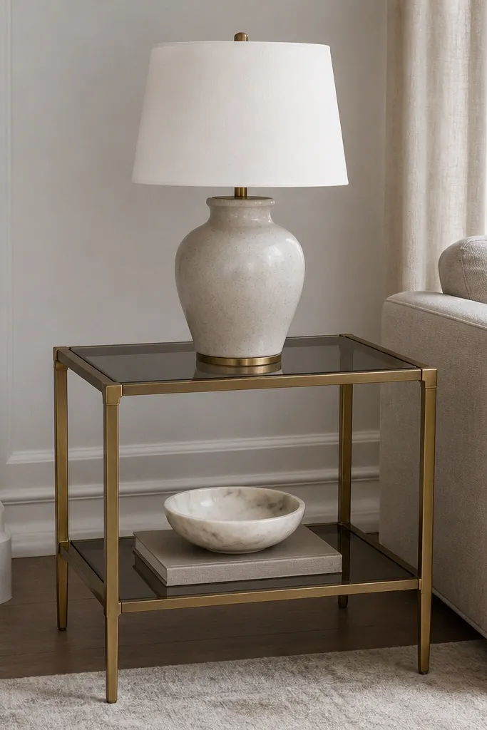 A small rectangular side table with smoked glass top and lower shelf, framed in brushed brass. The legs are thin and straight, and a white shade lamp sits centered on top.
