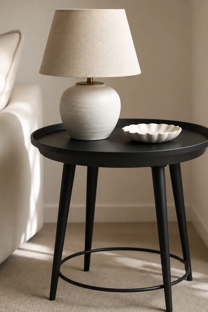A round or oval matte black side table with a raised tray rim. Tapered legs extend down to a small ring detail at the bottom. A beige linen lamp shade and a white ceramic dish sit on top.