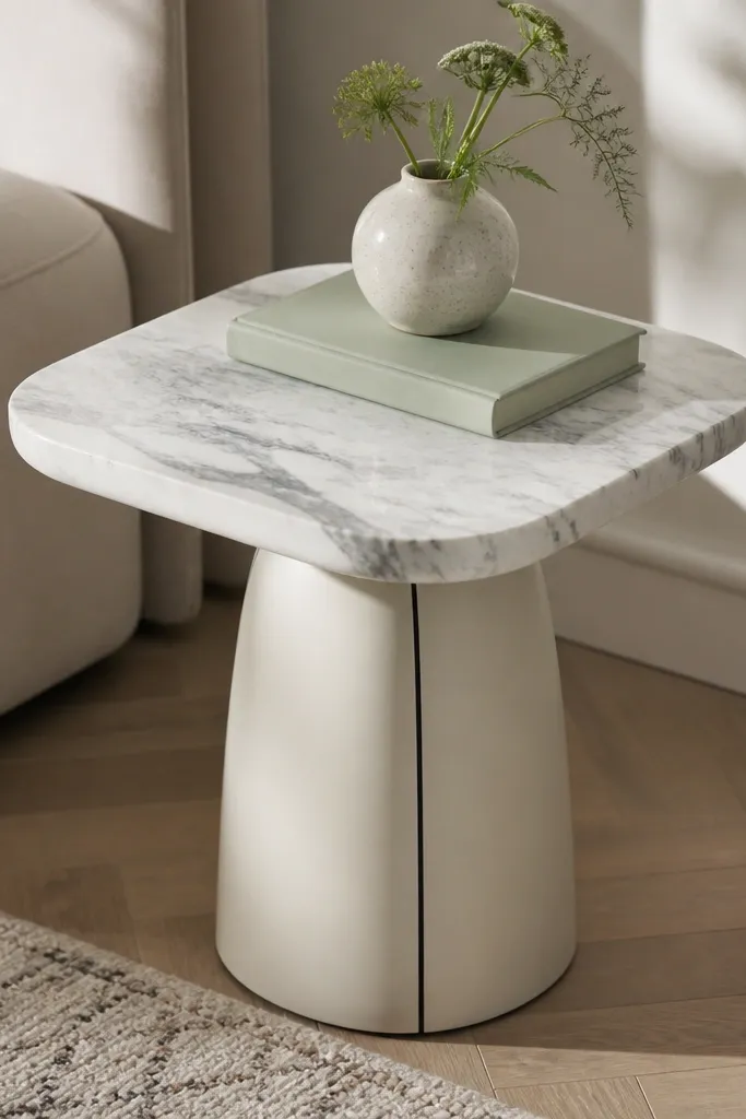 A compact side table with a marble-effect white-and-gray top and rounded corners. The base is a smooth off-white pedestal with a thin black line detail. A pale green book and a small vase sit on top.