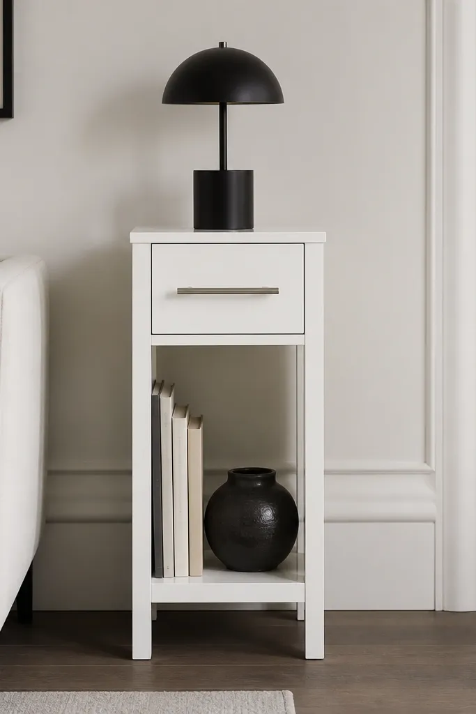 A narrow white lacquer side cabinet with a single drawer and a slim open shelf underneath. The drawer has a long bar pull in brushed nickel. A small black lamp sits on the top.