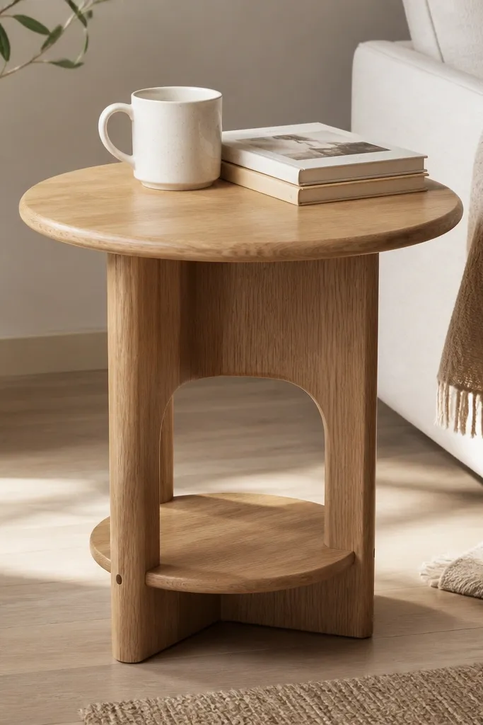 A small oak veneer pedestal side table with a single lower shelf. The top is circular and light honey oak, with a soft satin finish. A cream ceramic mug and a stack of books sit on the top.