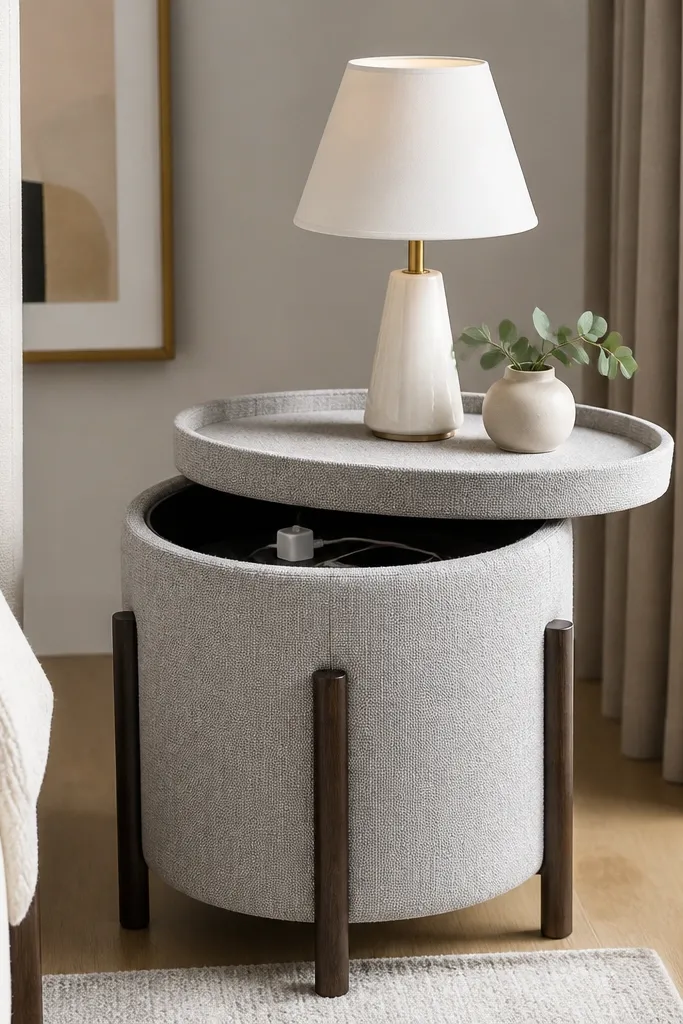 A slim upholstered side table in light gray performance fabric with a removable tray top. The legs are dark wood, and a small table lamp sits on the tray. A charging station is tucked inside the base.