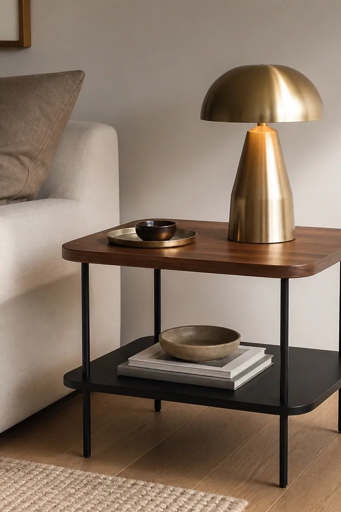 A compact two-tier side table with a walnut top and a black lower shelf. Thin black metal legs connect both levels. A warm brass lamp and a small tray sit on the top tier.
