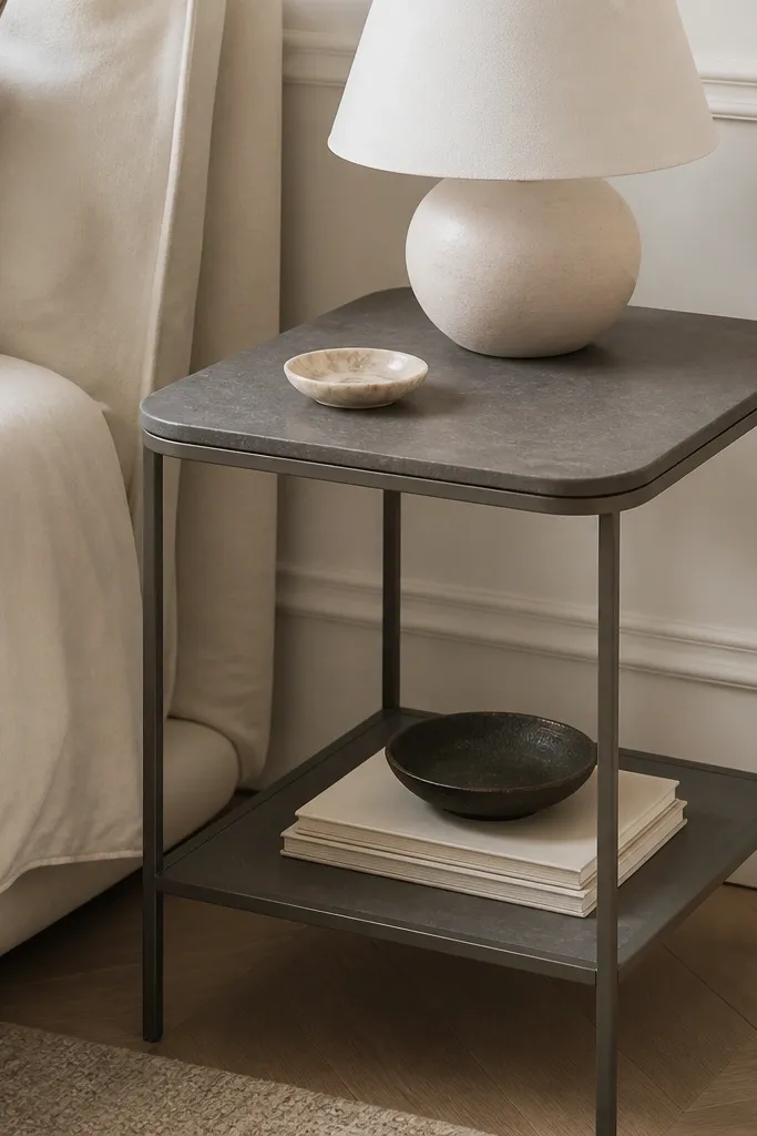 A small side table with a gray stone-look top and a thin matte steel frame. The table has an open lower shelf and rounded corners on the top. A white lamp shade sits near the back edge.