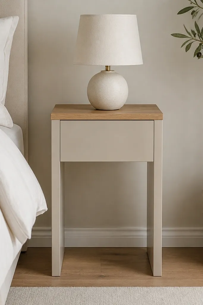 A slim nightstand with one drawer and a smooth front panel. The drawer pull is hidden or flush, so the face looks uninterrupted. The top is a warm light wood, and a small lamp sits centered.