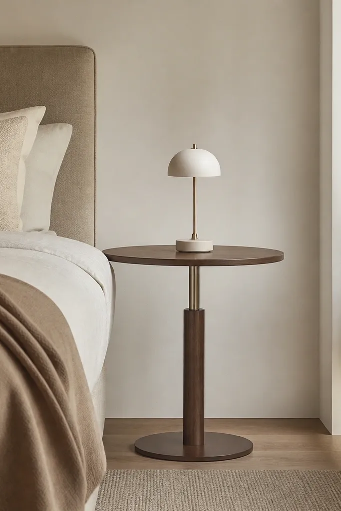 A small side table with a telescoping center column and a circular top. A minimal lamp sits on top, and the table is positioned perfectly level with the mattress edge height.