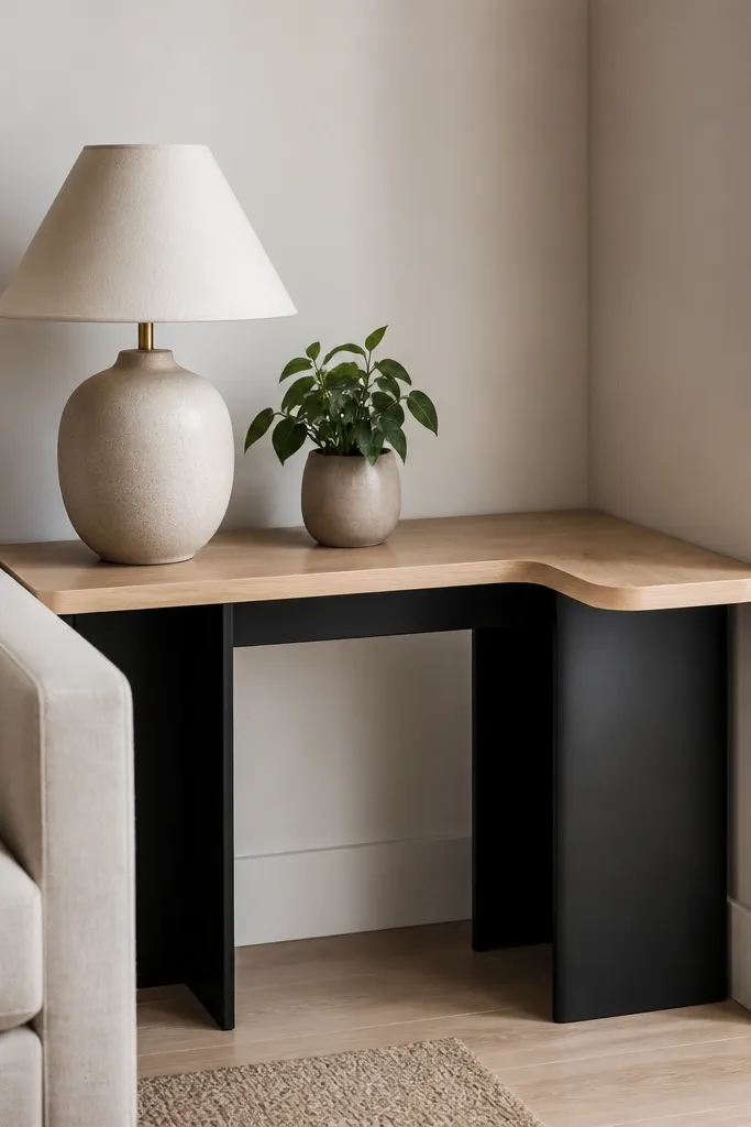 An L-shaped corner side table with a light wood top and a black base. It wraps around the corner slightly, leaving space along the wall. A lamp and a small plant sit on the larger section.