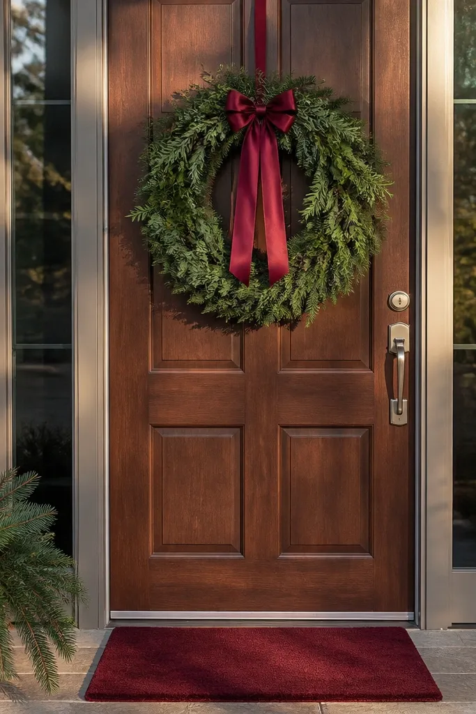 Wreath centered on a front door with a matching ribbon-colored doormat below