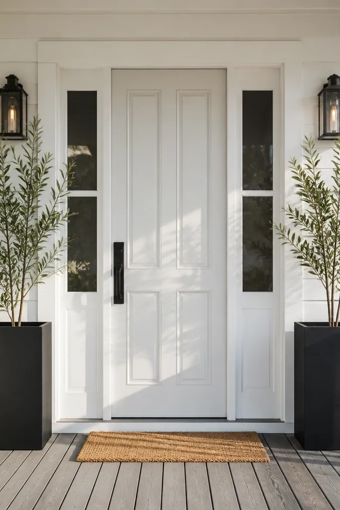Two identical planters with tall faux stems beside a front door