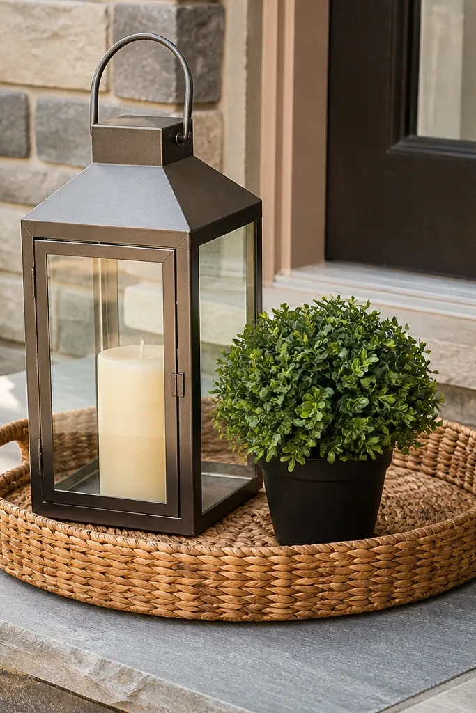 A tray by the front door holding a lantern and one small potted plant