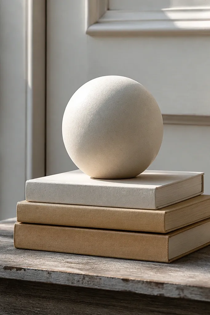 A small porch sculpture sitting on stacked books on a side table