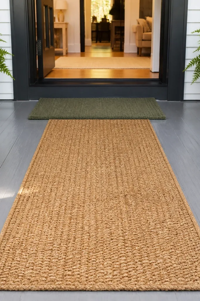 Woven runner rug on porch steps with a solid-colored doormat